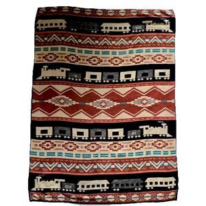 VTG San Marcos Southwestern Navajo Locomotive Train Plush Blanket 80x56” Throw